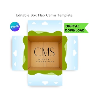 May include: An open cardboard box with flaps, featuring a blue sky and cloud design on the outside. The box interior displays the letters "CMS" and the words "DIGITAL CREATIONS". The words "Editable Box Flap Canva Template" are at the top.