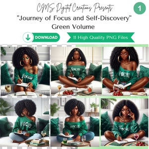 Focus Collection Green Volume | Digital file PNG - Melanin Woman Art | Black Woman Portrait | AI Art | Printable Wall Art | Planner Clipart