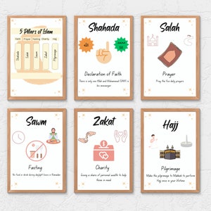 Set of 6 Islamic Educational Prints, 5 Pillars Islam, Islamic Kids Print, Eid gift for Kids, Islamic nursery, Islamic classroom