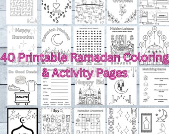 May include: A set of 40 printable Ramadan coloring and activity pages. The pages feature a variety of activities, including word searches, mazes, dot-to-dot, and coloring pages. The pages are designed to be fun and educational for children of all ages.