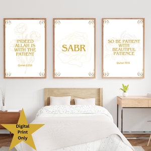Islamic Printable Wall Art, Set of 3 Islamic Digital Prints, Sabr, Patience Islam Prints, Islamic Gifts, Islamic Home Decor, Islamic Gallery