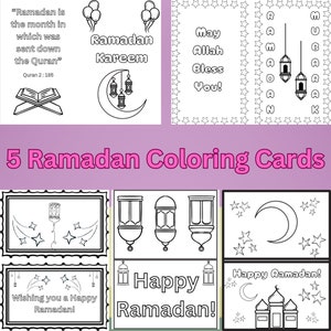 May include: Five black and white coloring cards featuring Ramadan themes. The cards include text such as "Ramadan Kareem", "May Allah Bless You", "Happy Ramadan", and "Wishing you a Happy Ramadan". The cards also feature illustrations of crescent moons, stars, lanterns, and mosques.
