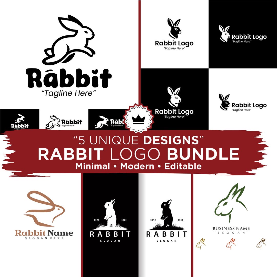 Rabbit Logo Bundle, Minimal Bunny Logo Pack, Modern Animal Mascot Logos ...