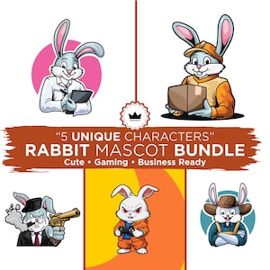 May include: A digital illustration featuring five unique rabbit characters in various professions and poses. The image includes text that reads "Rabbit Mascot Bundle" with the words "Cute, Gaming, Business Ready".