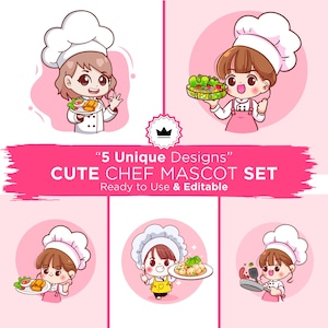 Pode incluir: Um conjunto de cinco designs de mascotes de chef fofos. Cada chef de desenho animado usa um chapéu e avental brancos, segurando vários pratos. O texto diz "5 Unique Designs" e "CUTE CHEF MASCOT SET".