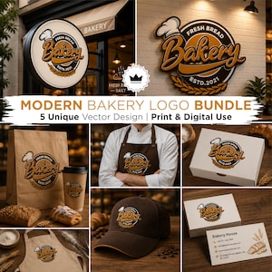 May include: A collection of bakery-themed logos and branding elements. Includes a sign, logo on a wall, paper bag, coffee cup, apron, hat, box, and business cards. The logos feature the text "Fresh Bread Bakery ESTD. 2021". The text "MODERN BAKERY LOGO BUNDLE" is also visible.