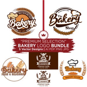 May include: A collection of five bakery logo designs in a variety of styles. The logos feature wheat stalks, chef hats, and text such as "Bakery Shop" and "Fresh & Delicious." The bundle includes vector designs in AI, PDF, PNG, and JPG formats.