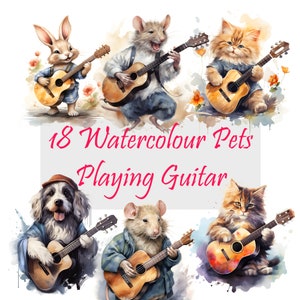 Aquarel huisdieren die gitaar spelen met 18 hoogwaardige PNG & SVG - digitale download - kaart maken, illustraties, digitale papierkunst