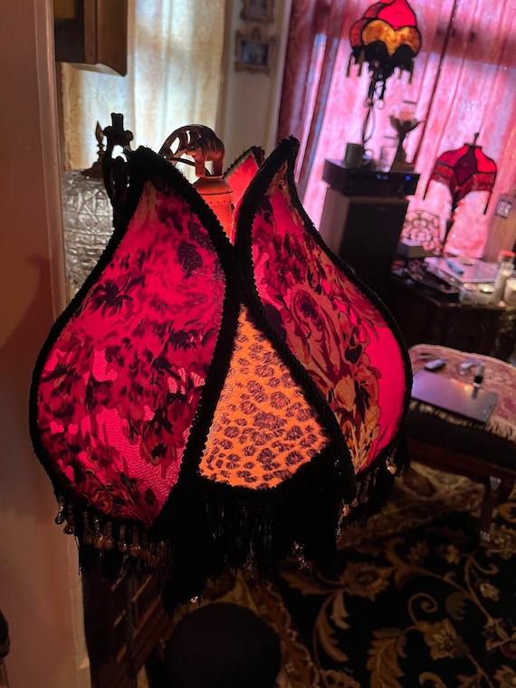Hand sewn Victorian style bridge arm lampshade, with vintage beaded fringe and burnout velvet.