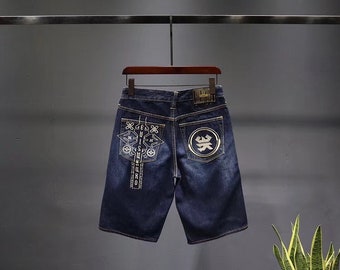 Evisu gewaschene Denim-Shorts, Retro-Streetwear, bestickte Gesäßtasche, Jeans-Jogginghose-Stil, dunkles Denim, Geschenk für Männer, Größen 28–38
