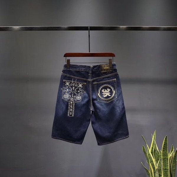 Evisu Washed Denim Shorts Retro Streetwear Embroidered Back Pocket Patch Jeans Sweatpants Style Dark Denim Gift for Men Sizes 28-38