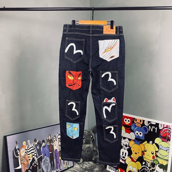 Retro Evisu Japanese custom-made large M jeans 90s Paris French denim black printed streetwear loose trousers multi-pocket fashion classic