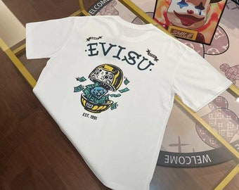 EVISU Classique Tendance Diamant Daruma Motif Imprimé Femmes Manches Courtes Décontracté Col Rond Chanceux T-shirt Pur Coton Rue Cool Couple Vêtements