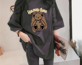 T-shirt ample à manches courtes de grande taille tendance et à la mode pour femme en pur coton motif ours classique imprimé col rond haut de sport décontracté