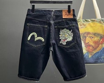 Retro embroidery Evisu Genes Japanese designer ghost head patch men's straight denim shorts 90s Tokyo street wear indigo jeans size 29-34