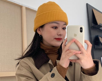 yellow woolen hat warm ear knit hat big round face cold hat