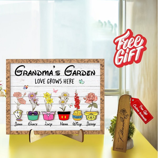 Personalized Grandma's Garden With Disney Characters Wooden Sign, Custom Disney Characters Sign, Mother's Day Gifts Ideas, Gifts For Her