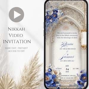 May include: A smartphone screen displaying a Nikah video invitation. The design incorporates white arches, blue floral elements, and gold accents. The invitation includes names, date, time, and RSVP details. The invitation is for Rania and Samar.