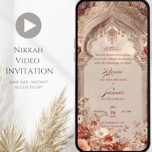May include: A digital Nikah video invitation on a smartphone. The design features an ornate archway with floral accents in peach and cream. Text includes names, date, time, and RSVP information. The invitation is for Rania and Samar.