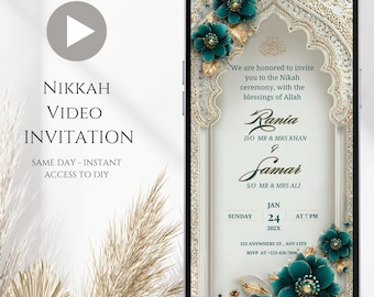 Invito di nozze islamico verde smeraldo: invito digitale Nikkah (modello Canva)