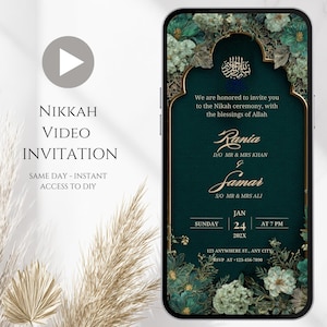 Emerald Green Muslim Wedding Invitation: Digital Nikkah Invite (Canva Template)