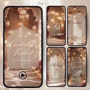 Könnte beinhalten: Eine digitale Hochzeitseinladung, die auf einem Smartphone-Bildschirm angezeigt wird. Das Design zeigt einen verzierten Torbogen, sanfte Beleuchtung und die Worte "You're Cordially Invited". Zusätzliche Bildschirme zeigen Hochzeitsdetails und einen Kalender. Die Einladung ist als luxuriöse Videoeinladung gekennzeichnet.