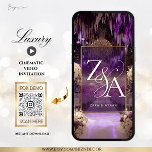 以下が含まれることがあります： スマートフォン画面には、白文字で「Zara & Ayaan」と書かれた結婚式の招待状のデザインが表示されています。デザインは紫と白の花柄の背景、金のフレーム、「Luxury」と「Cinematic Video Invitation」の文字が特徴です。QRコードも表示されています。