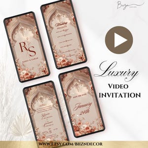 May include: Four smartphones showcasing wedding invitation designs with floral and arch details. Text includes "Wedding Program," "Save the Date," and names. The words "Luxury Video Invitation" are also visible. The Etsy URL is at the bottom.