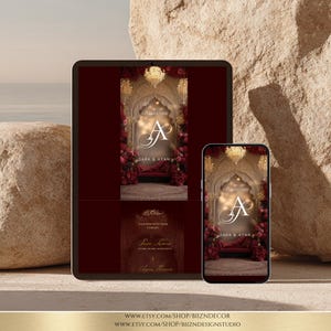 May include: A tablet and a smartphone displaying a digital wedding invitation design featuring a dark red background, an ornate archway, gold chandeliers, and deep red floral arrangements. The text reads Celebrating, A and J, Sara and Ayan.