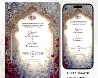 May include: An editable invitation design featuring a decorative archway with floral accents in shades of purple, white, and gold. The invitation includes text for a Nikah ceremony, with the names Rania and Samar, and event details.