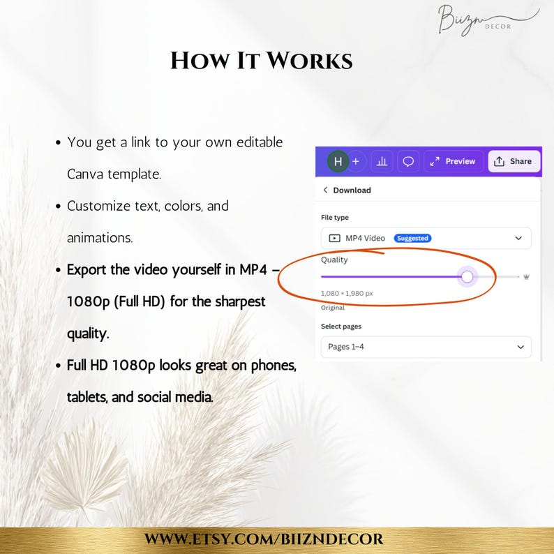May include: A webpage screenshot showing instructions on how to use a Canva template. The text reads "HOW IT WORKS" and lists steps for customizing and exporting a video in MP4 format at 1080p resolution. The image includes the Etsy shop's logo and website address.
