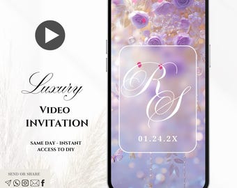 May include: A smartphone displays a luxury video invitation with a floral design in shades of purple and white. The invitation features the initials "R" and "S" and the date "01.24.2X". The image includes the text "Luxury Video Invitation".