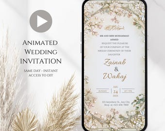 Puede incluir: Una invitación de boda animada que se muestra en un teléfono inteligente. El diseño presenta detalles florales y una tipografía elegante con los nombres Zainab & Wahaj. La invitación incluye la fecha, la hora y la información de RSVP. El texto en la pantalla dice "Animated Wedding Invitation".