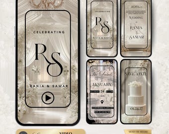May include: A digital wedding invitation suite featuring a video invitation and details cards. The design includes elegant calligraphy, floral accents, and the names Rania & Samar. The color palette is neutral with gold accents.