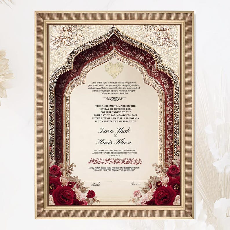 May include: A framed marriage certificate with an ornate design. The certificate features a burgundy and gold archway with floral accents. The names Zara Shah and Haris Khan are displayed, along with the date and location of the marriage.
