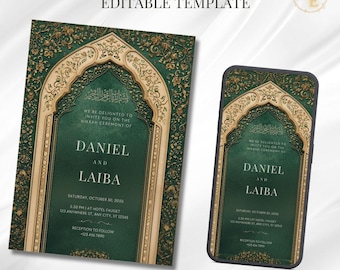 Puede incluir: Tarjeta de guardar la fecha con un diseño de arco islámico verde y dorado. La tarjeta presenta los nombres Daniel y Laiba, la fecha 30 de octubre de 2030 y la hora 5:30 PM. La tarjeta también incluye la ubicación del evento, Hotel Fauget, 125 Anywhere St, Any City, ST 12345. La tarjeta también incluye el texto "Recepción a seguir" y un número de teléfono.