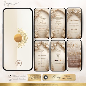 Puede incluir: Una plantilla de invitación de boda digital que se muestra en la pantalla de un teléfono inteligente. El diseño presenta detalles florales, texto dorado y una paleta de colores neutros. La invitación incluye detalles de la ceremonia, el lugar y la información de RSVP. También se ve el texto "Luxury Video Invitation".