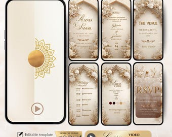 May include: A digital wedding invitation template displayed on a smartphone screen. The design features floral accents, gold text, and a neutral color palette. The invitation includes details for the ceremony, venue, and RSVP information. The words "Luxury Video Invitation" are also visible.