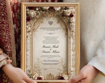 May include: A framed wedding certificate with ornate gold detailing and floral accents. The document features the names "Rania Shah" and "Samar Khan" in elegant script, with text in English. The frame is rectangular with a gold finish, and the overall design is formal and decorative.
