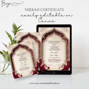 May include: A digital tablet and two printed Nikah certificates. The certificates feature a decorative arch design with burgundy and gold accents, and floral embellishments. The text on the certificates is in English and Arabic.