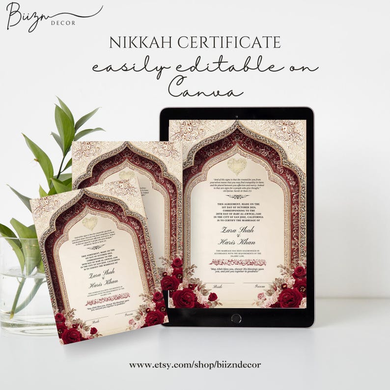 May include: A digital tablet and two printed Nikah certificates. The certificates feature a decorative arch design with burgundy and gold accents, and floral embellishments. The text on the certificates is in English and Arabic.