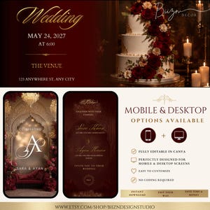 May include: A digital wedding invitation template set featuring a three-tier white cake with red roses, ornate archway graphics, and gold text. The design includes placeholders for names, dates, and venue details, optimised for mobile and desktop screens.