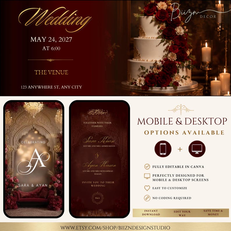 May include: A digital wedding invitation template set featuring a three-tier white cake with red roses, ornate archway graphics, and gold text. The design includes placeholders for names, dates, and venue details, optimised for mobile and desktop screens.