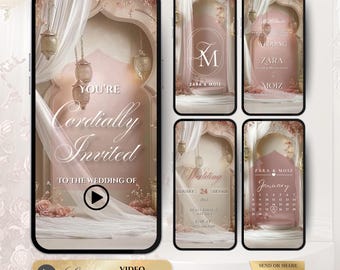 May include: A digital wedding invitation template displayed on five smartphone screens. The design features a dusty rose and cream color palette with arched architectural elements, hanging lanterns, and flowing white fabric drapes.