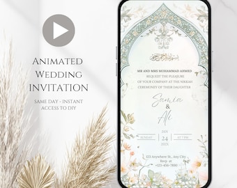 Dusty Blue Muslim Wedding Video Invitation: Nikkah, Walima (Digital Download, Canva Template