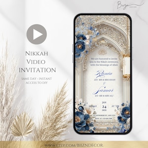 May include: A digital Nikah video invitation on a smartphone. The design features a white and gold archway with blue floral accents. Text includes names, date, time, and RSVP information. The invitation is for Rania and Samar.