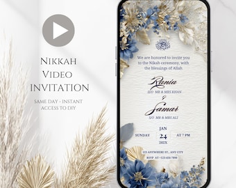 Invito digitale per matrimonio musulmano: invito Nikkah beige, oro e blu (download digitale)