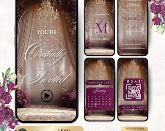 May include: A digital wedding invitation displayed on a smartphone screen. The design features elegant calligraphy, a play button, and the words "You're Cordially Invited." Additional screens show wedding details and RSVP information.