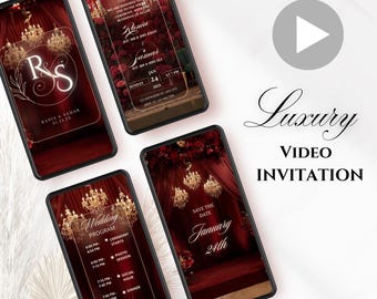 Può includere: Quattro smartphone che mostrano un design di invito di nozze di lusso. Il design presenta uno sfondo bordeaux con lampadari dorati e testo. Il testo include i nomi della coppia, la data e il programma del matrimonio. L'URL del negozio Etsy è visibile.