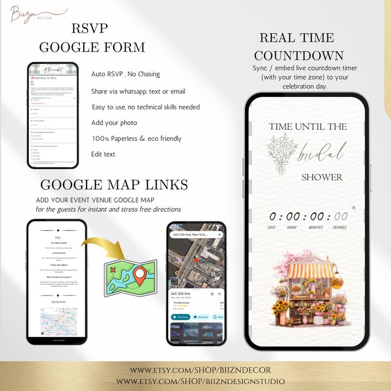 May include: A digital event planning suite featuring a Google Form RSVP template, a real-time countdown timer for a bridal shower, and Google Map integration. The display includes text, floral illustrations, and a shop URL at the bottom.